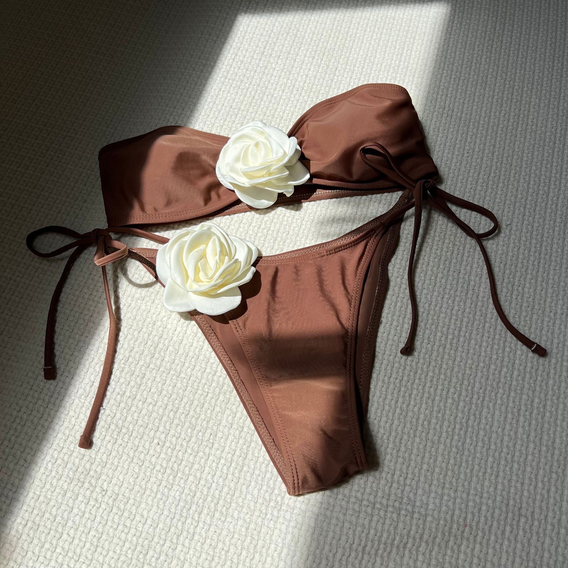 Color Matching Rose Tube Top Lace up Drawstring Strap Split Swimsuit Bikini Bella Mia